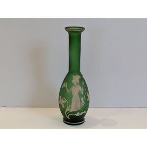 Antique Mary Gregory Green Frosted Glass Vase W/ Etched Art Nouveau Woman